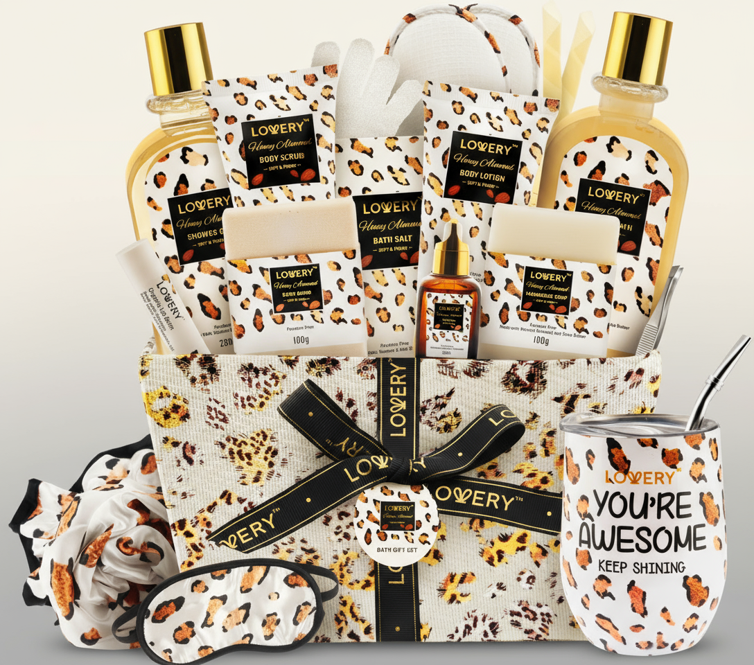 Collection of Lowery beauty products with leopard print design on a white background