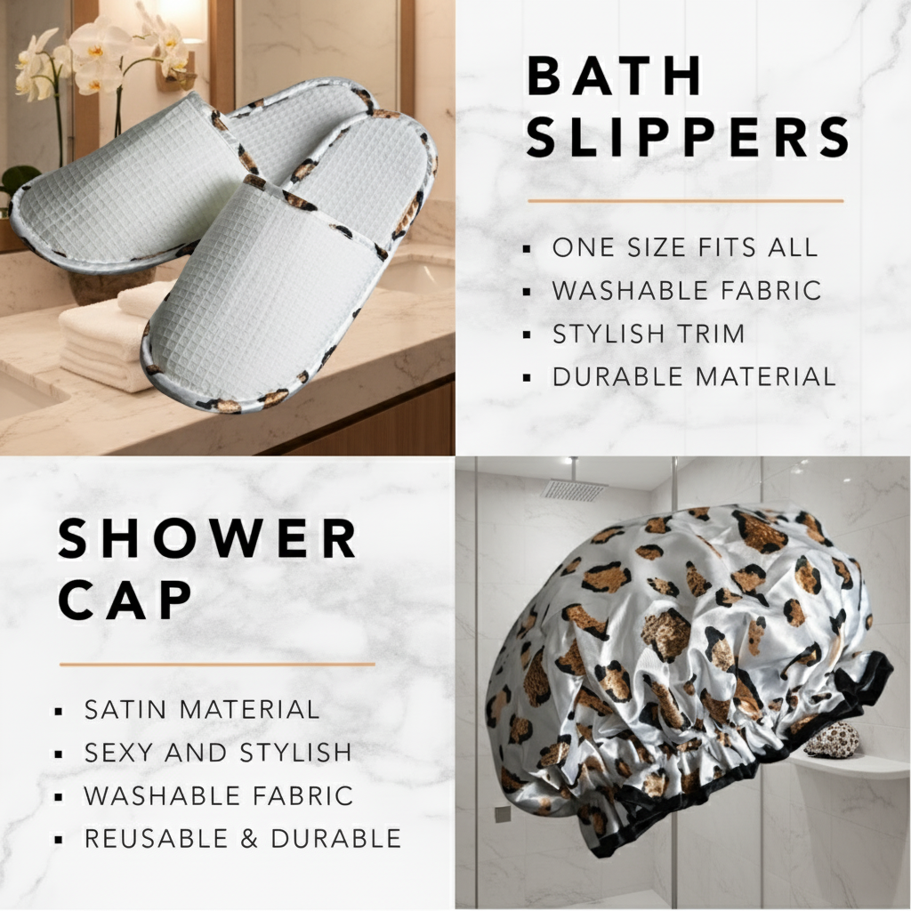 Bath slippers and shower cap with product features on a black and white background