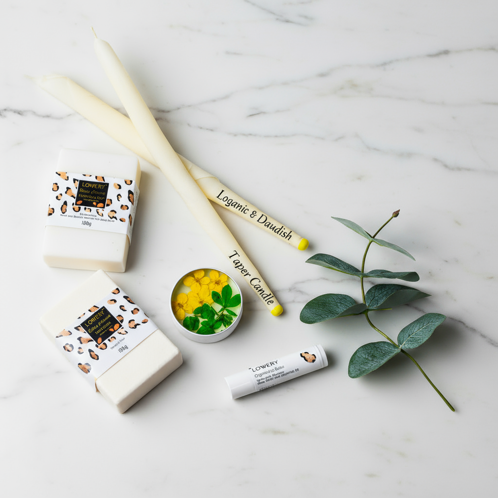 Collection of natural beauty products on a textured surface with a 'Natural Beauty' sign.