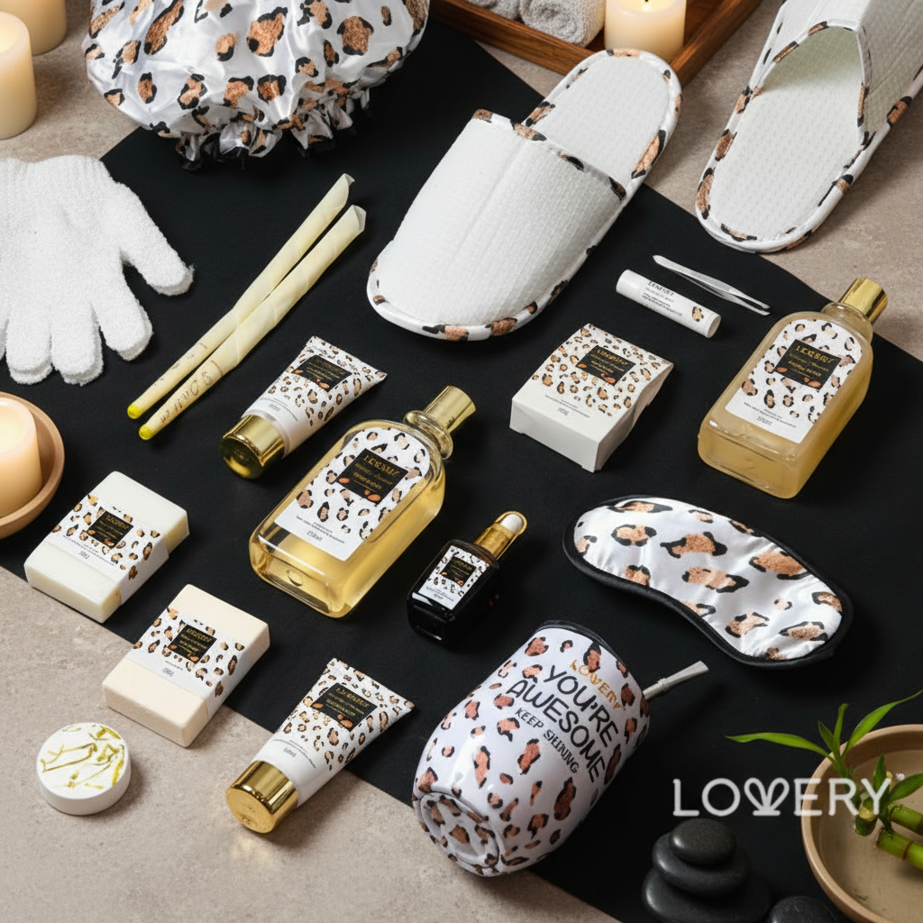 Collection of LOVERY branded products with leopard print design on a black background