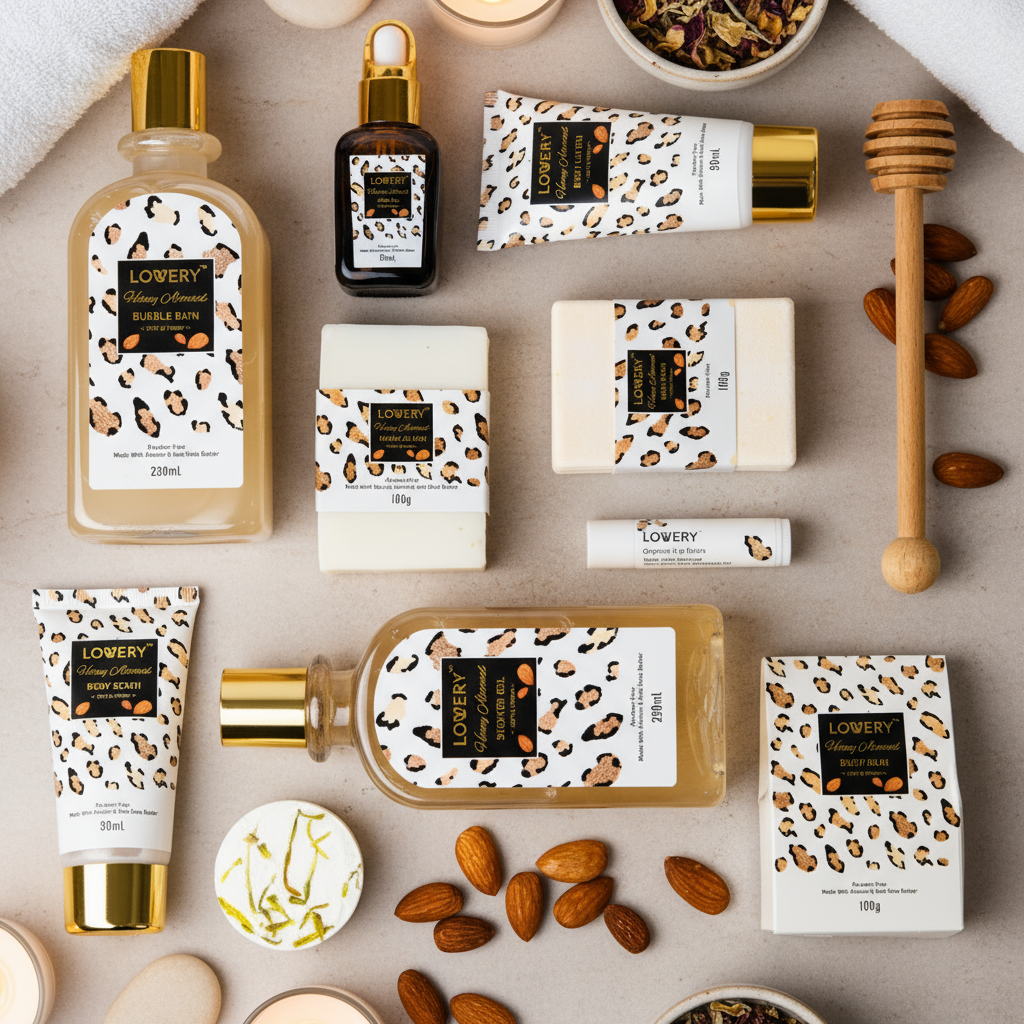 Collection of Lowery skincare and wellness products on a dark surface with almonds.