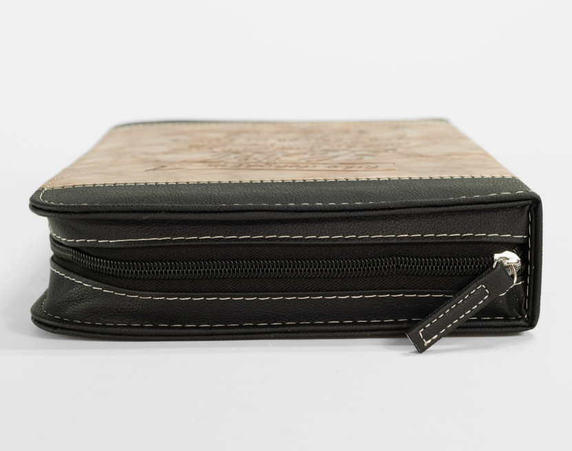 Black and beige zippered case on a white background