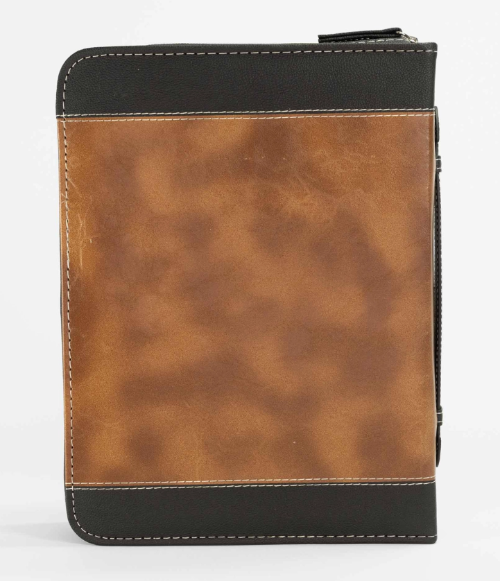 Brown leather case with black accents on a white background