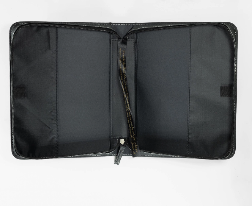 Black zippered folder on a white background