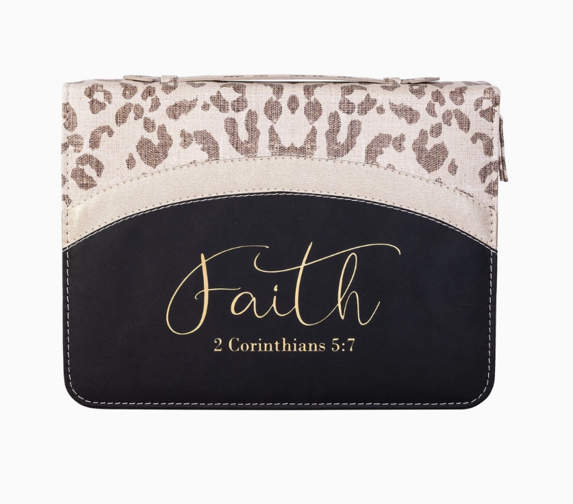Pouch with leopard print top section and black bottom section with 'Faith' and '2 Corinthians 5:7' text.
