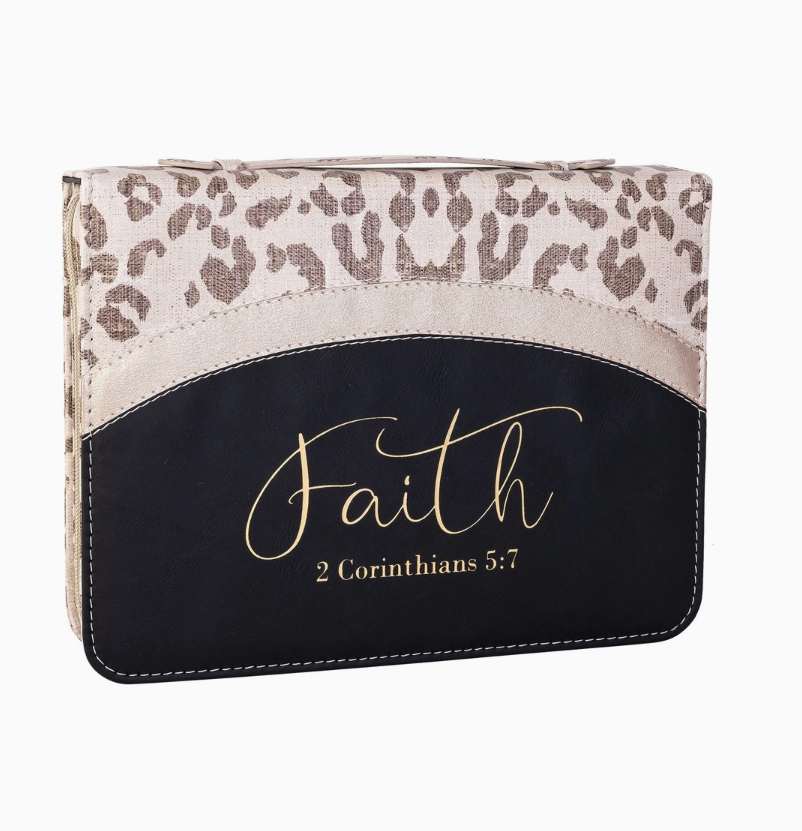 Pouch with leopard print top section and black bottom section with 'Faith' text, on a white background