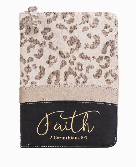 Leopard print notebook with 'Faith' and 2 Corinthians 5:7 text on a white background