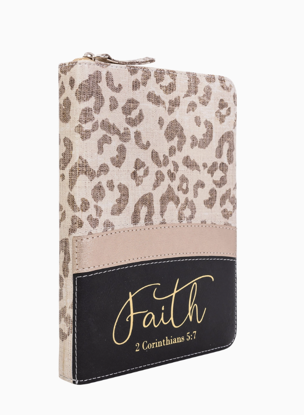 Leopard print wallet with 'Faith' and 2 Corinthians 5:7 text on a white background