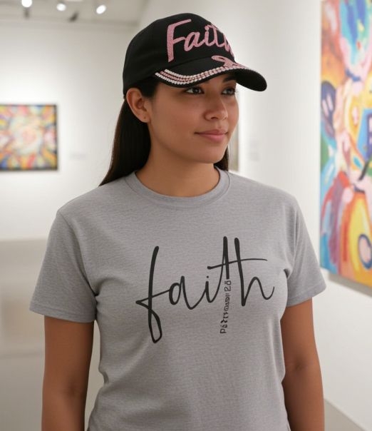 Woman wearing a gray 'faith' t-shirt and black cap with pink text in an art gallery.