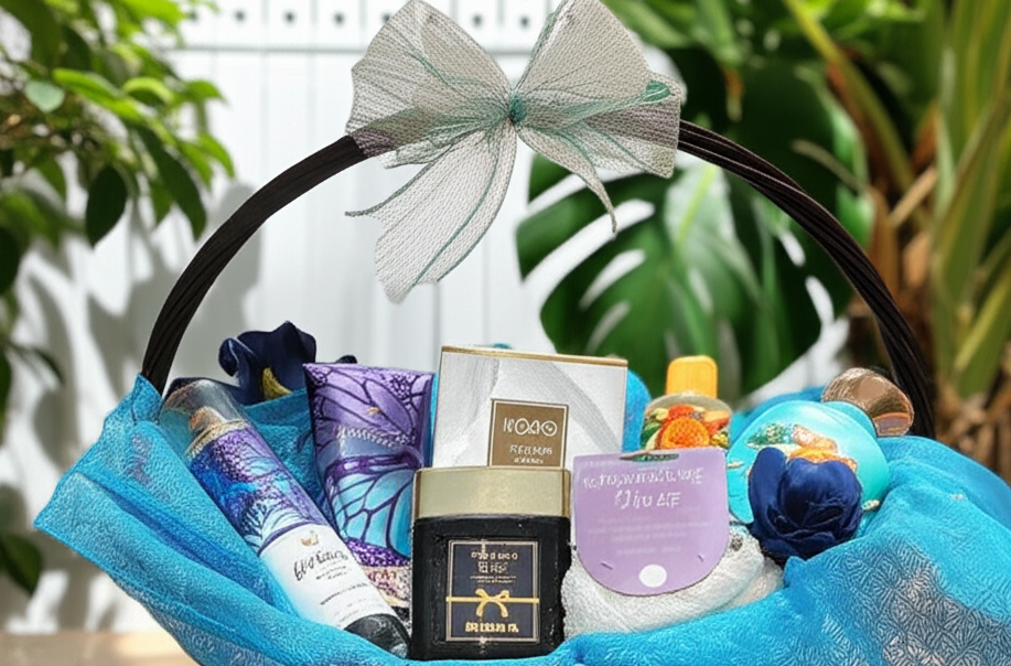 Gift basket with bath products and a bow, set against a blurred natural background
