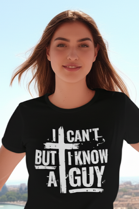 Woman wearing a black t-shirt with a white graphic and text.