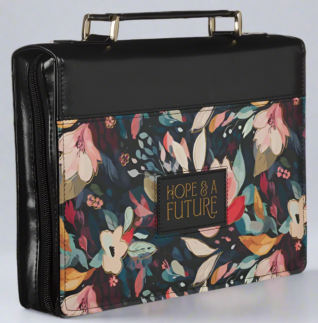 Floral-patterned briefcase with 'Hope & A Future' label on a white background