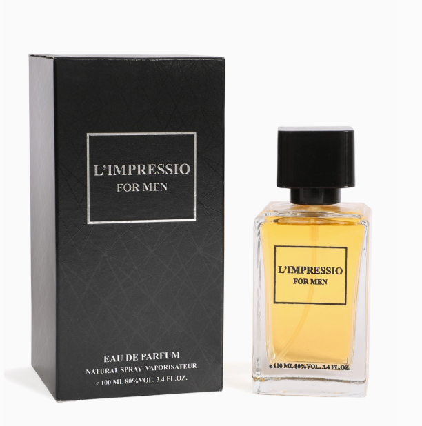 L'Impressio for Men perfume bottle and packaging on a white background