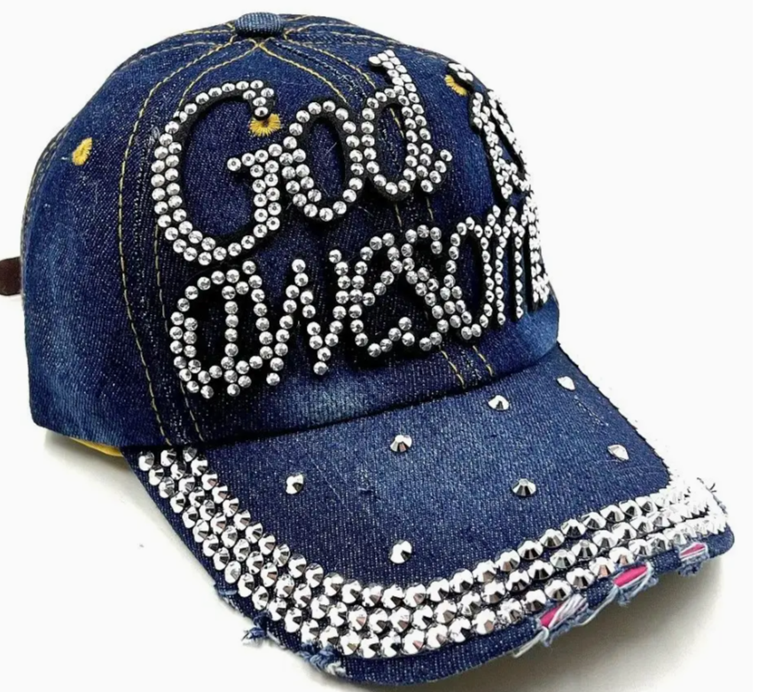 Blue denim cap with 'God is awesome' text and rhinestone embellishments on a white background