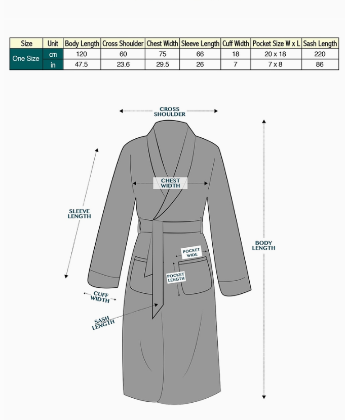 Gray robe with measurement labels and chart on a white background