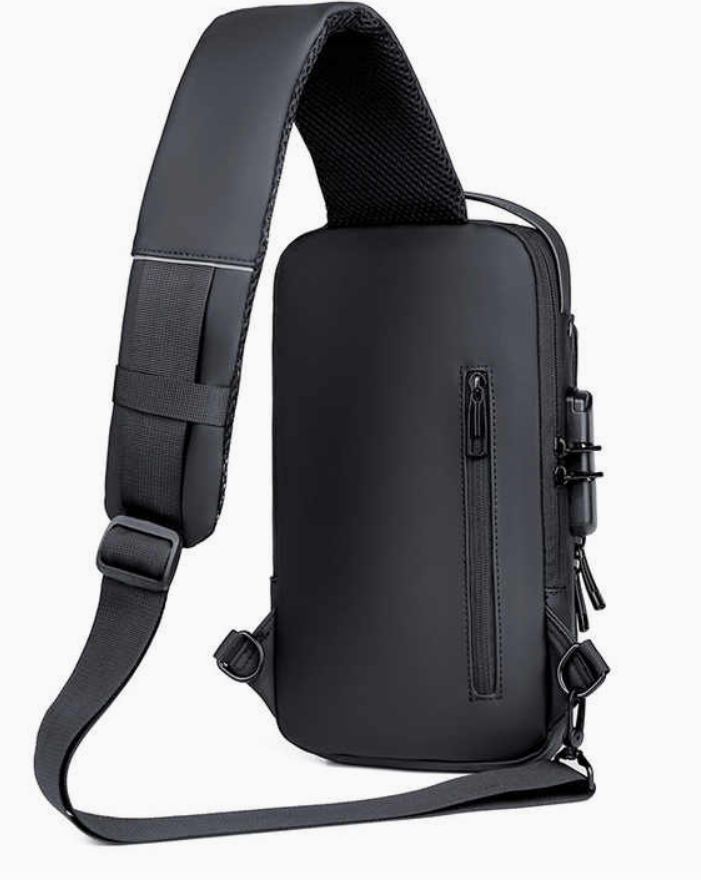 Black sling bag with a strap on a white background
