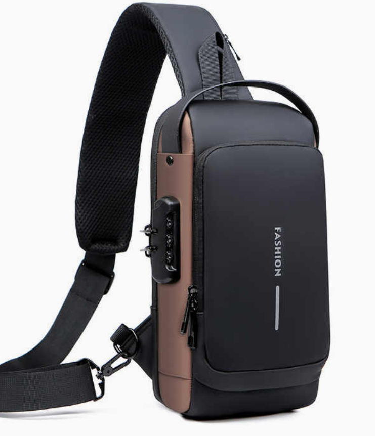 Black and brown sling bag with a visible brand name on a white background