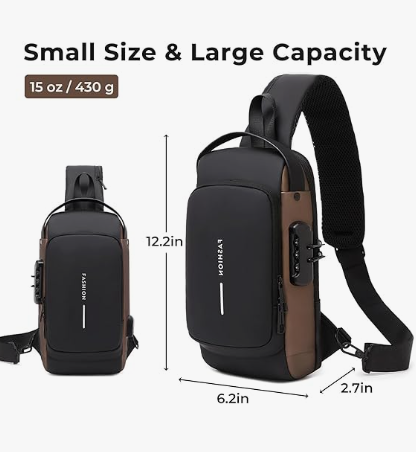 Black and brown crossbody bag with measurements and weight information on a white background
