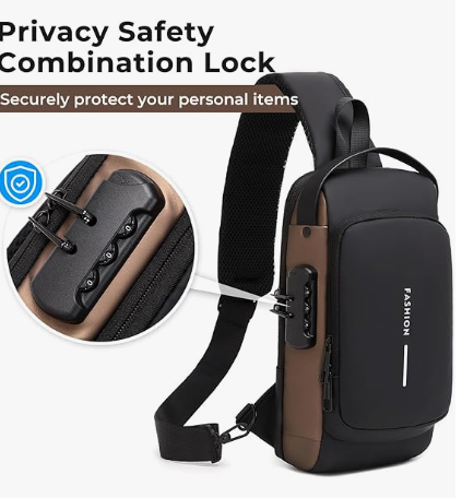 Black and brown sling bag with privacy safety combination lock feature.