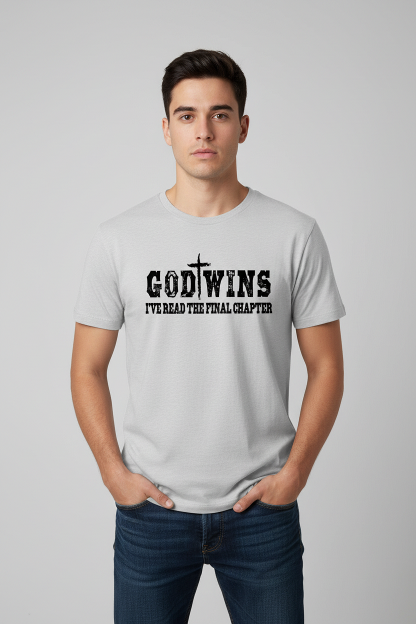 Gray t-shirt with 'GODTWINS I'VE READ THE FINAL CHAPTER' text and 'southern heart DESIGNS' branding.