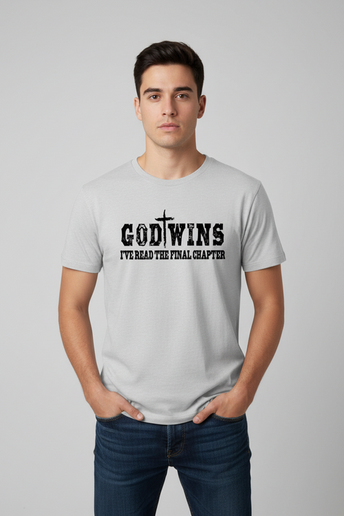 Gray t-shirt with 'GODTWINS I'VE READ THE FINAL CHAPTER' text and 'southern heart DESIGNS' branding.