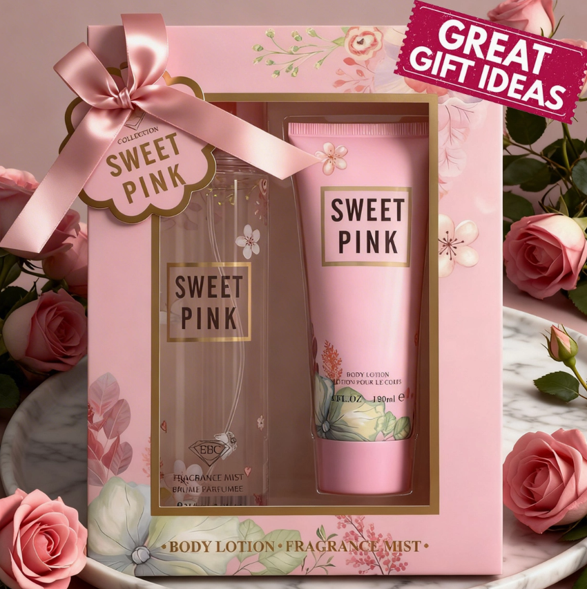 Sweet Pink gift set with lotion and mist in a decorative box, surrounded by pink roses.