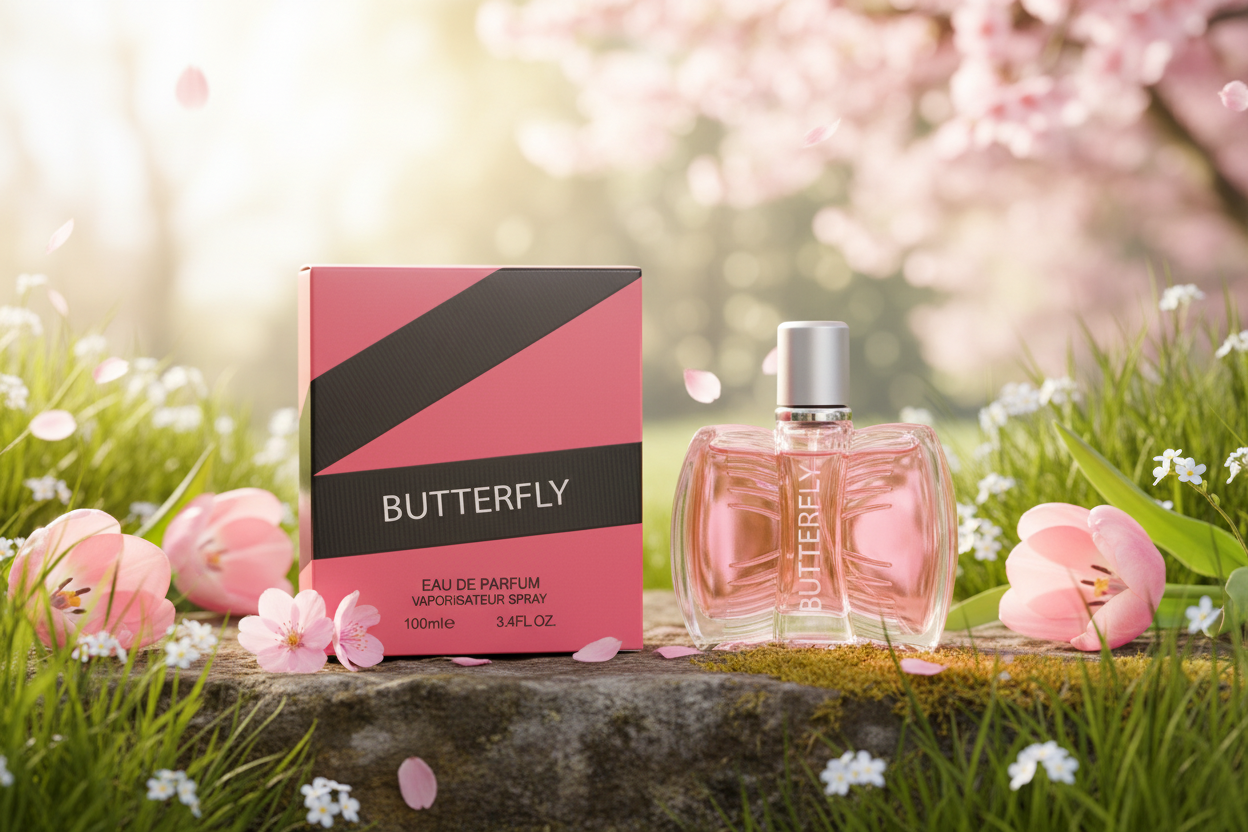 Butterfly perfume bottle and packaging on a stone surface with cherry blossoms in the background