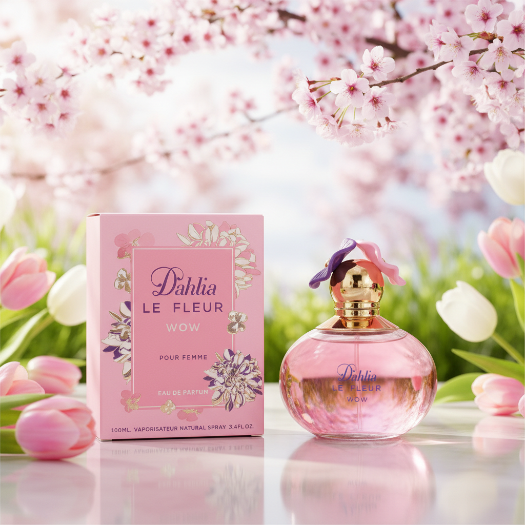 Dahlia Le Fleur perfume bottle and packaging on a white background