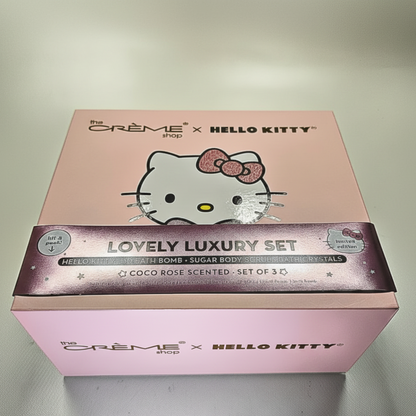 Pink packaging box with Hello Kitty design featuring 'The Crème Shop' branding.