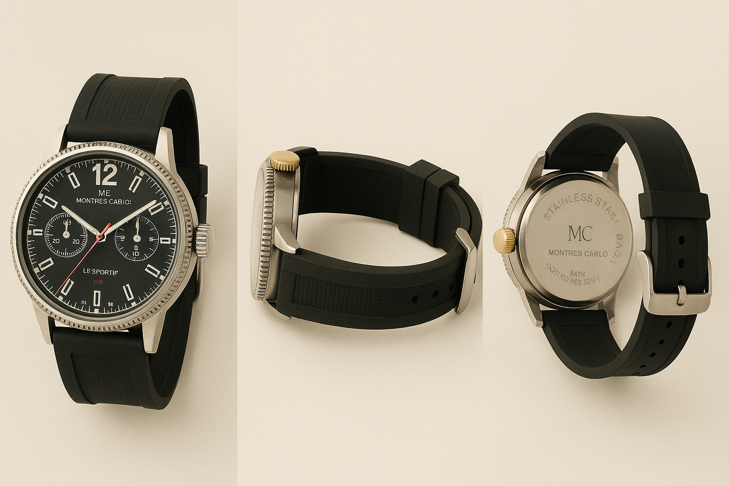 Three watches with black straps on a light beige background