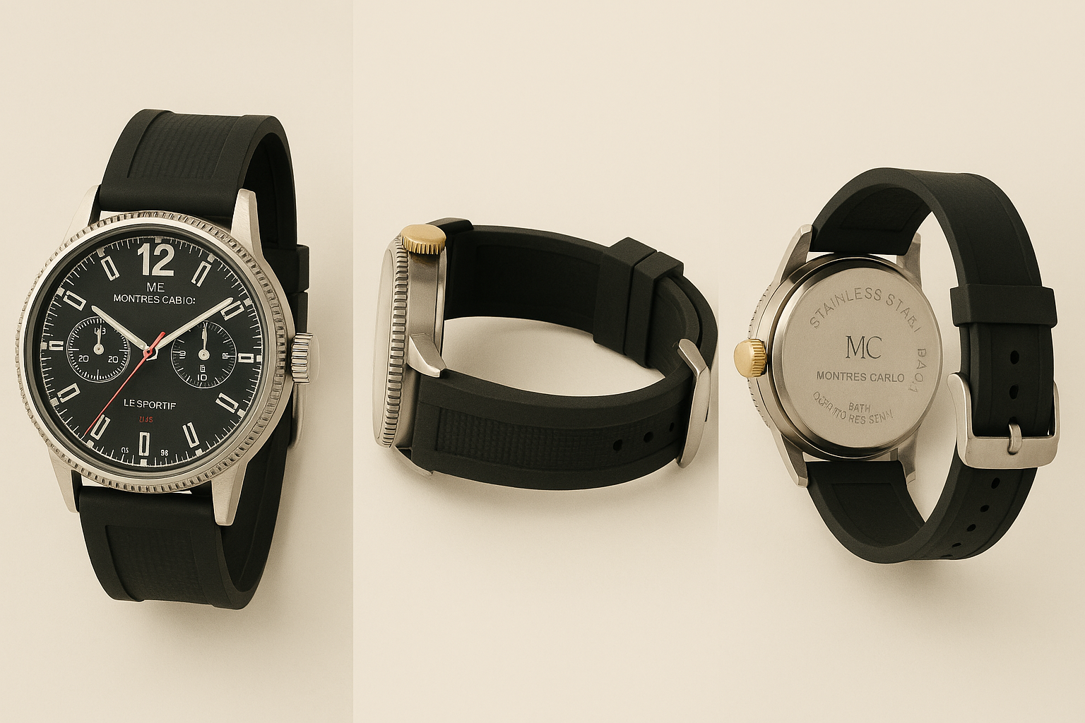 Three watches with black straps on a light beige background