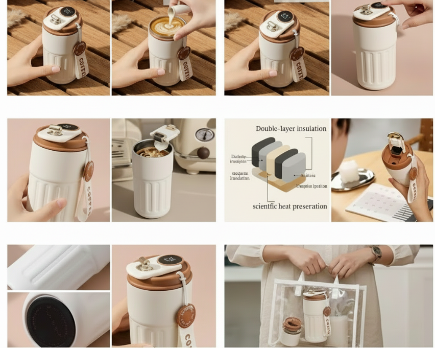 Product demonstration of a thermos with various usage steps and features.