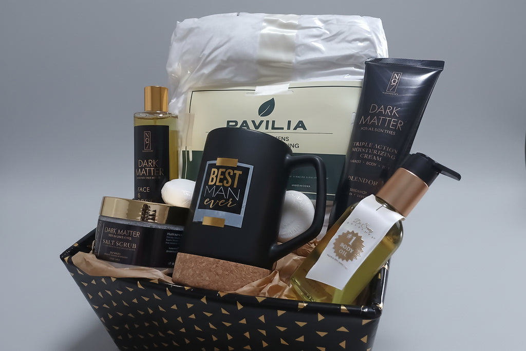 Basket with beauty products including a mug, bottles, and a tube on a wooden surface.