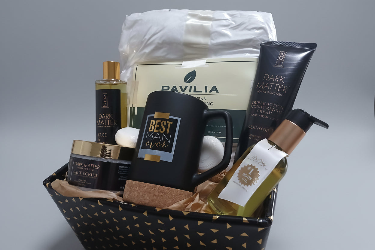 Basket with beauty products including a mug, bottles, and a tube on a wooden surface.