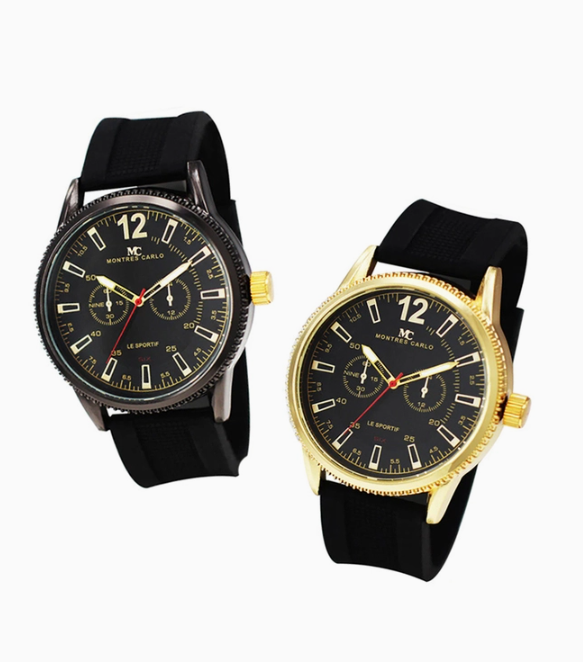 Two watches with black straps and gold and black faces on a white background