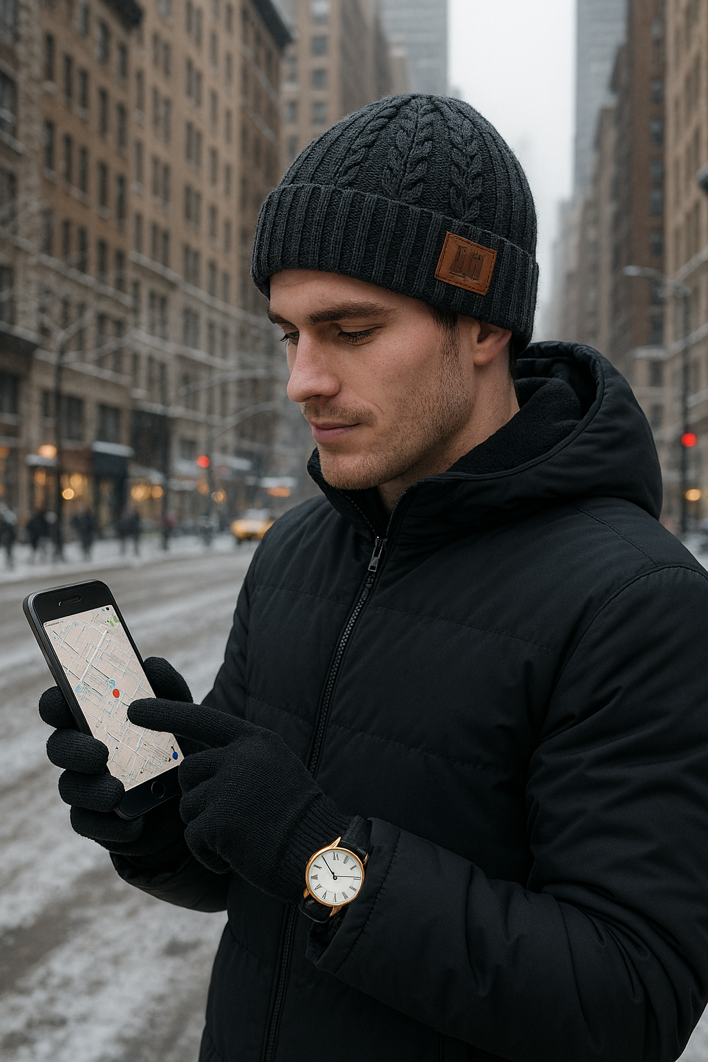 Man in winter clothing using a smartphone on a city street
