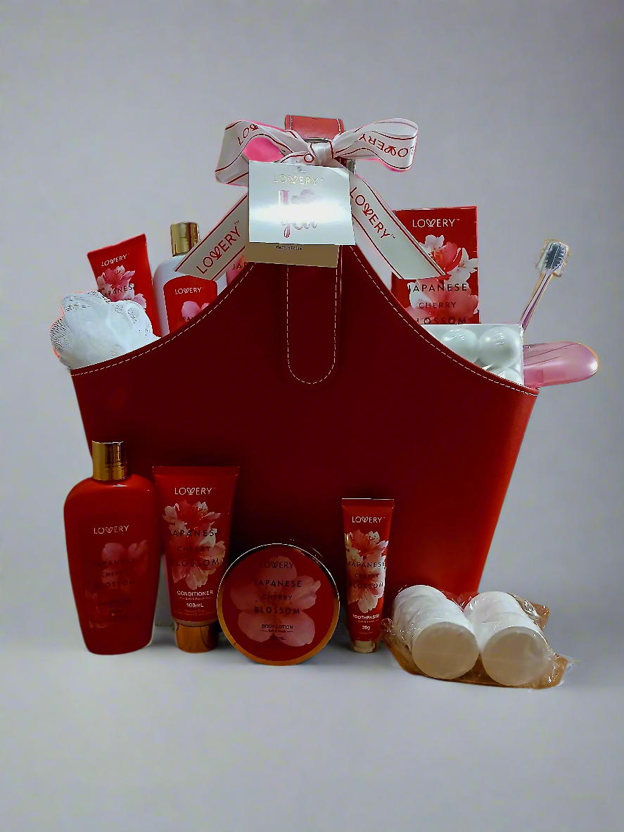 Japanese Cherry Blossom Bath Set, 25PC Spa Leather Bag