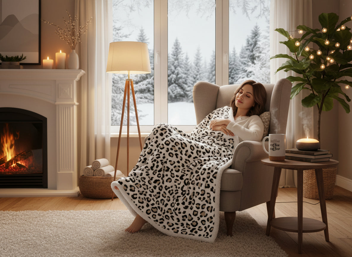 Beige Leopard Pattern Double Layered Warm Blanket - Just Because Gift Baskets
