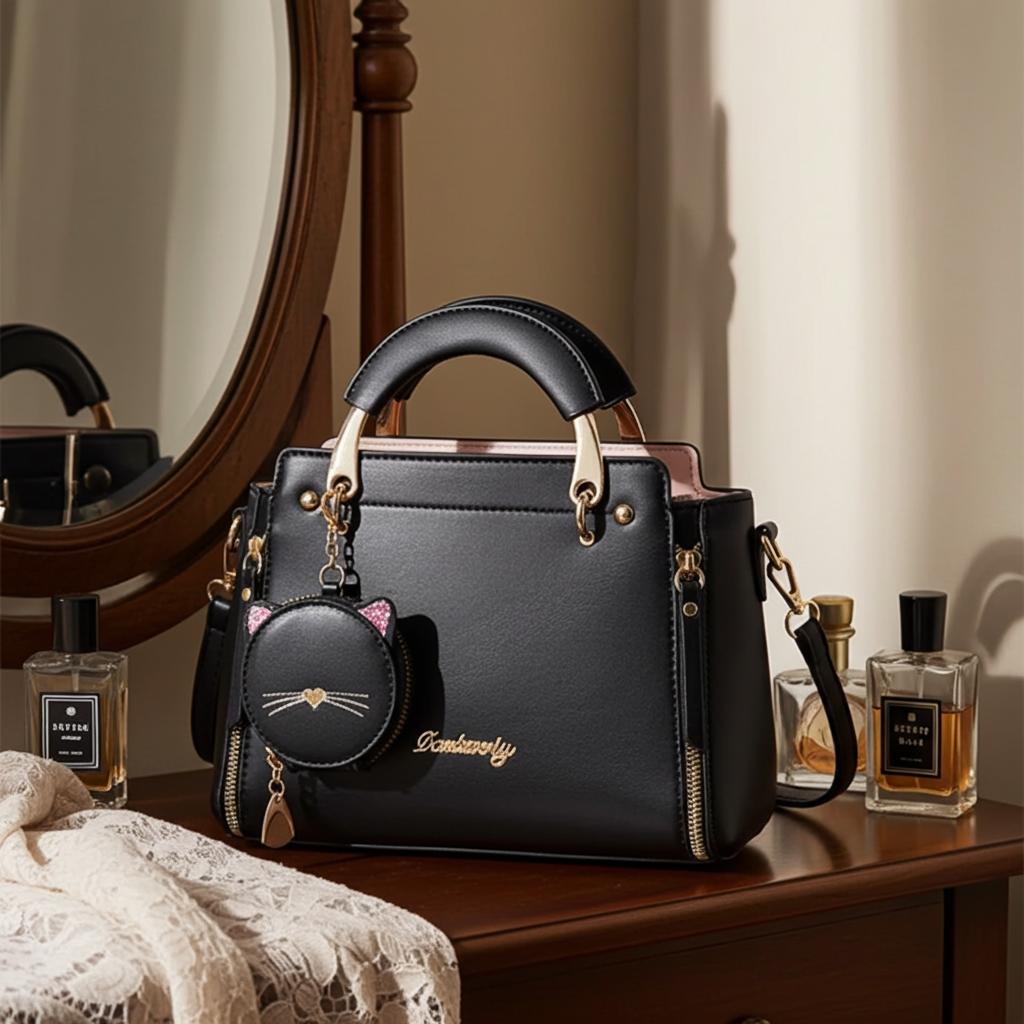 Beautiful Top Handle Satchel with Cat Charm