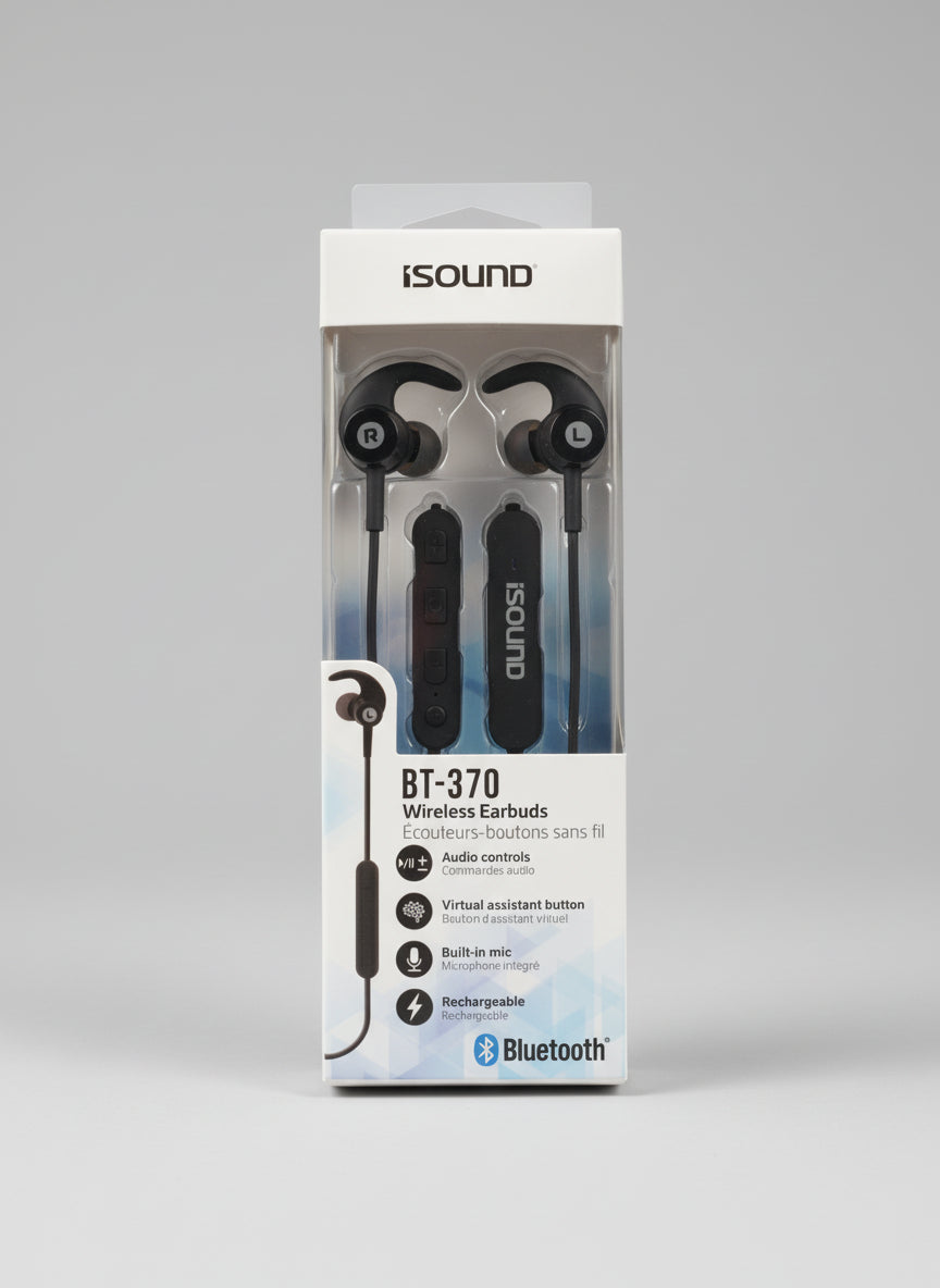 iSound BT-370 wireless earbuds packaging on a gray background