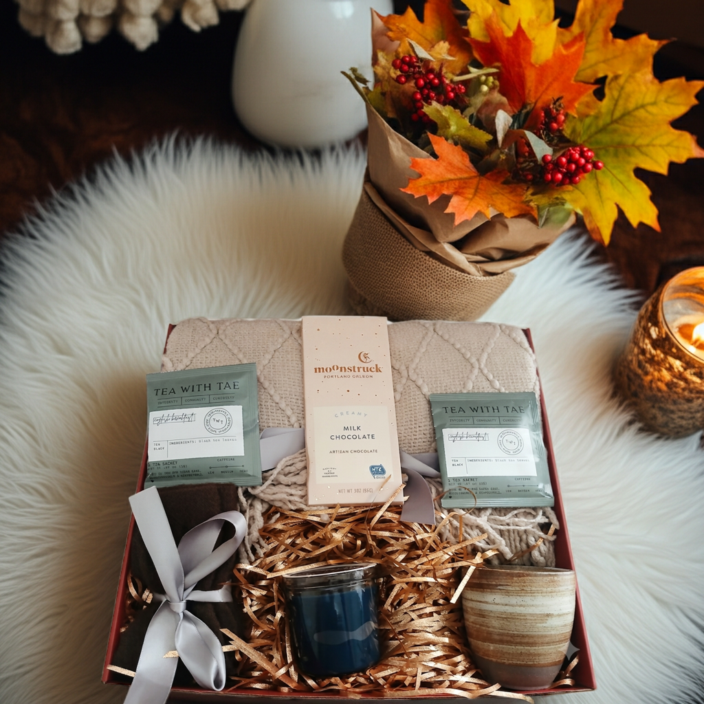 Cozy Gift Box with Moonstruck Chocolate, Tea with Tae, and Blanket