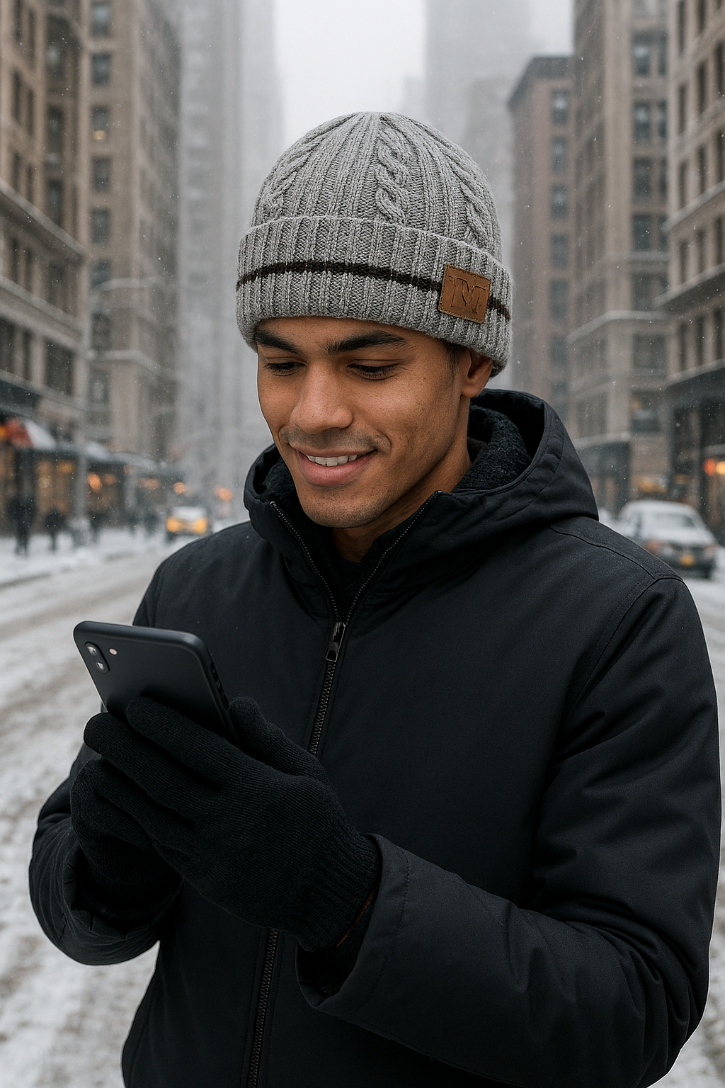 Man in winter clothing using a phone on a snowy city street