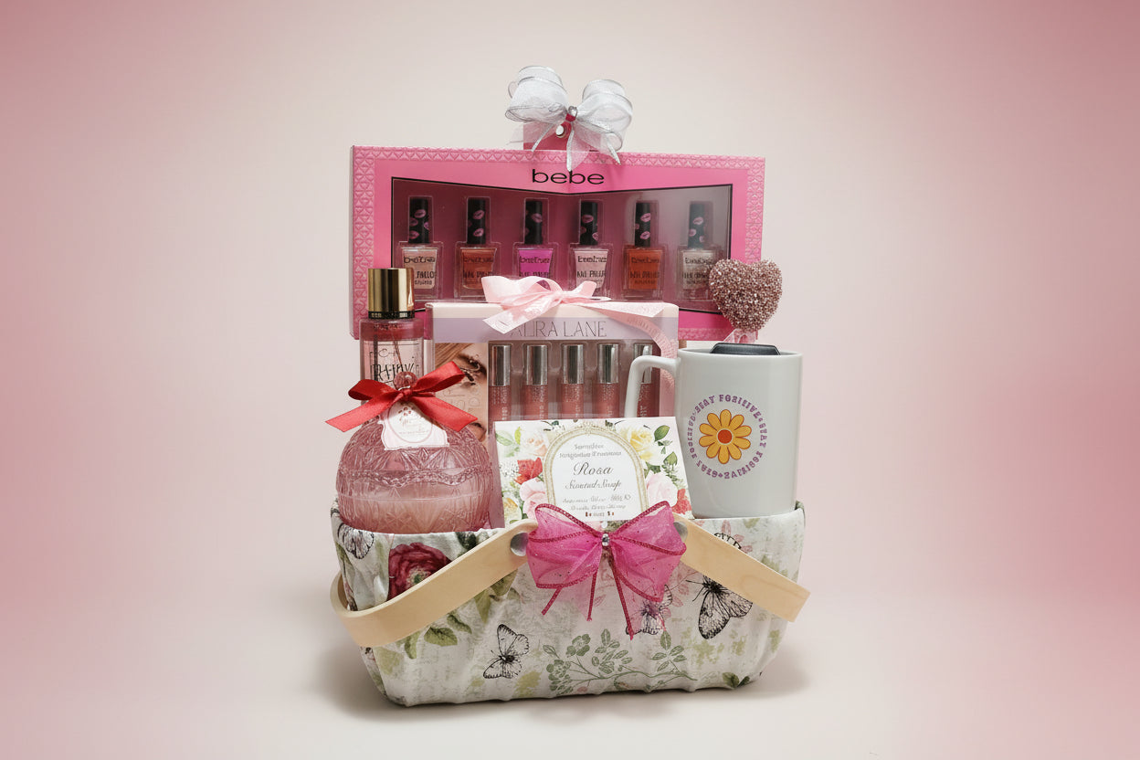 Collection of beauty products including a box, lip balm, and other items on a wooden surface.