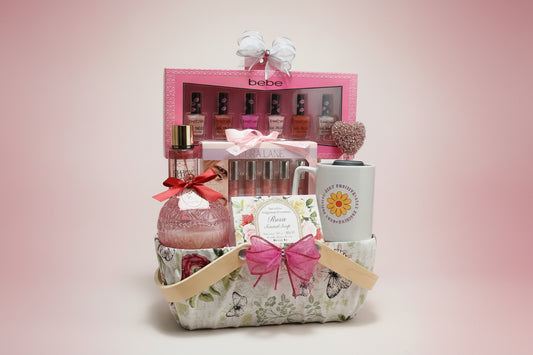 Collection of beauty products including a box, lip balm, and other items on a wooden surface.