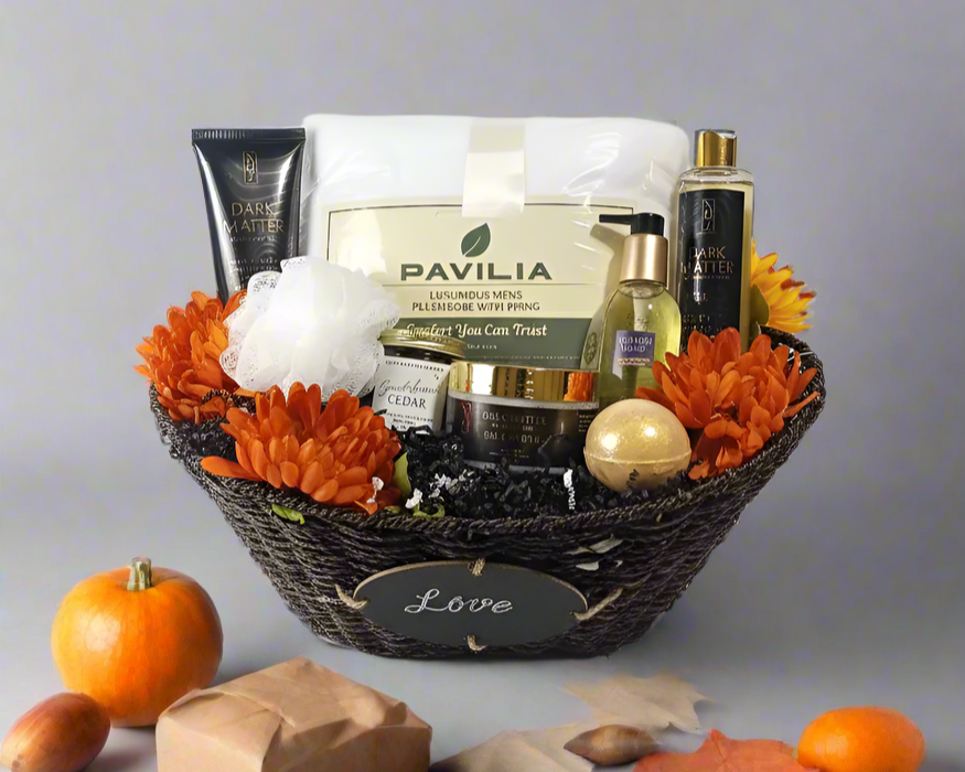 Gift basket with skincare products and decorative elements on a white background