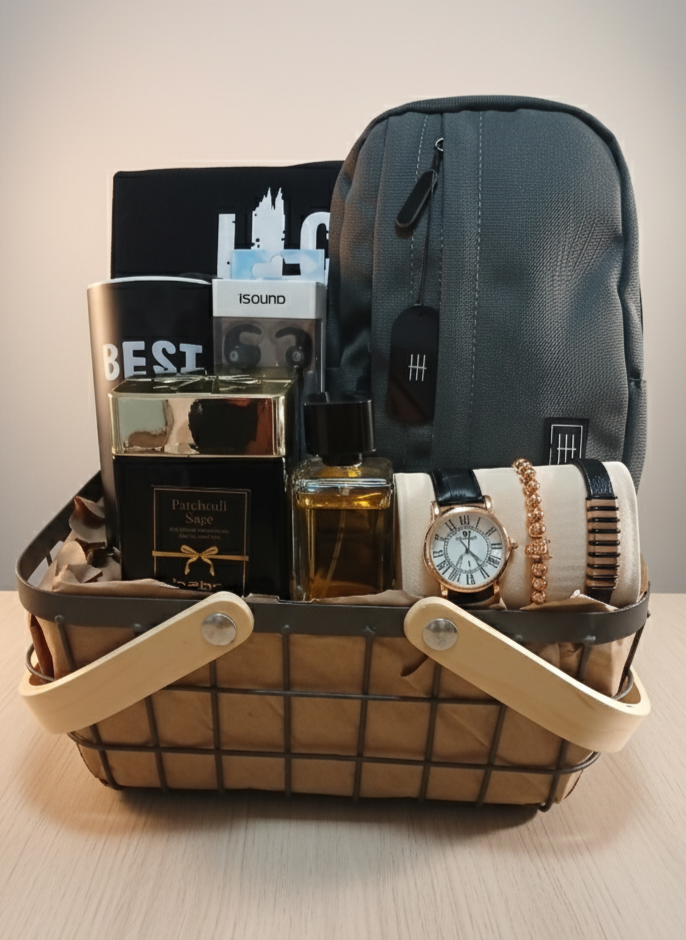 Gift basket with items including a backpack, watch, and perfume on a neutral background