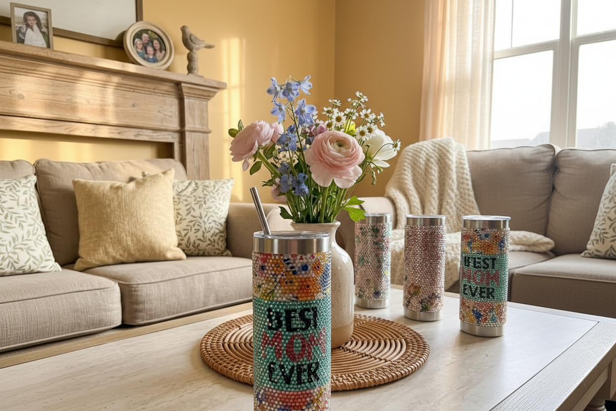 Tumbler with 'Best Mom Ever' text on a table in a living room setting