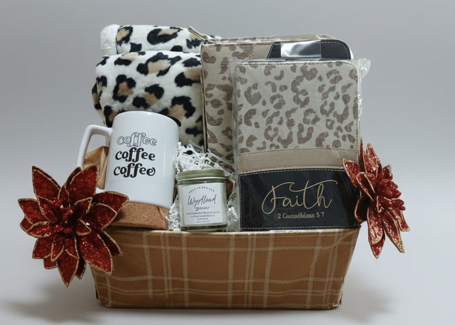 Leopard Print "Faith & Coffee" Comfort Gift Basket - The Perfect Blend of Cozy & Spiritual - Just Because Gift Baskets