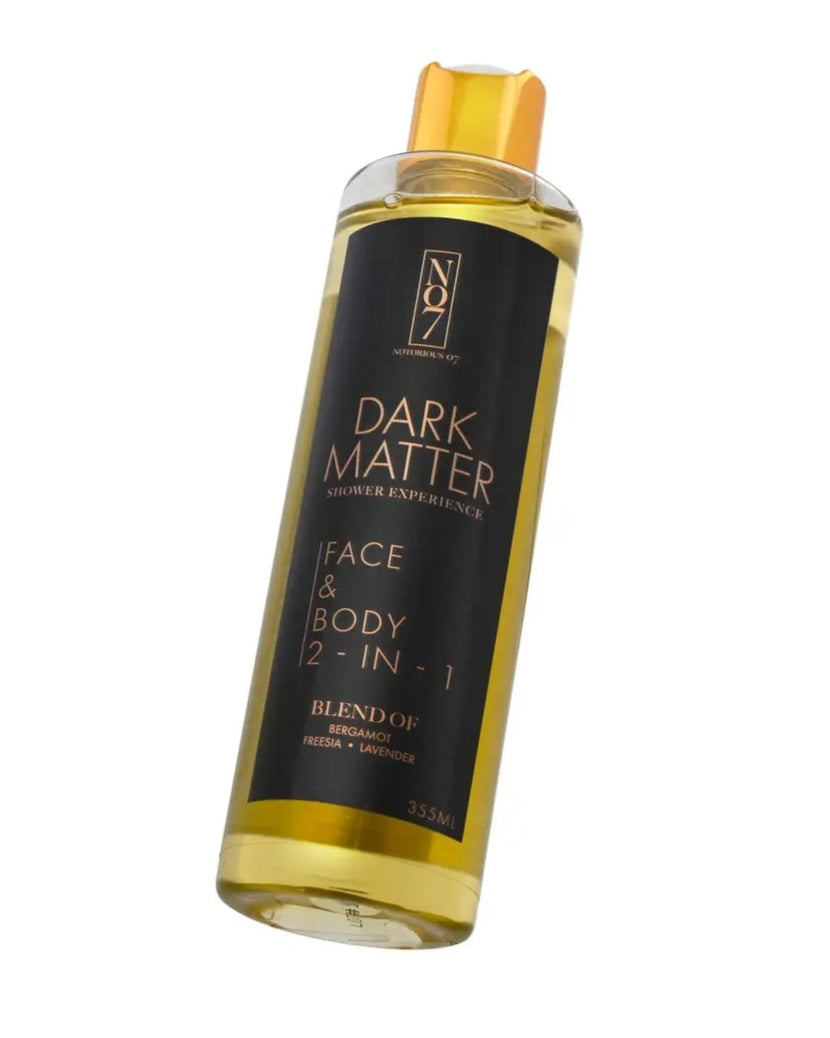 Body wash bottle with black label on a white background