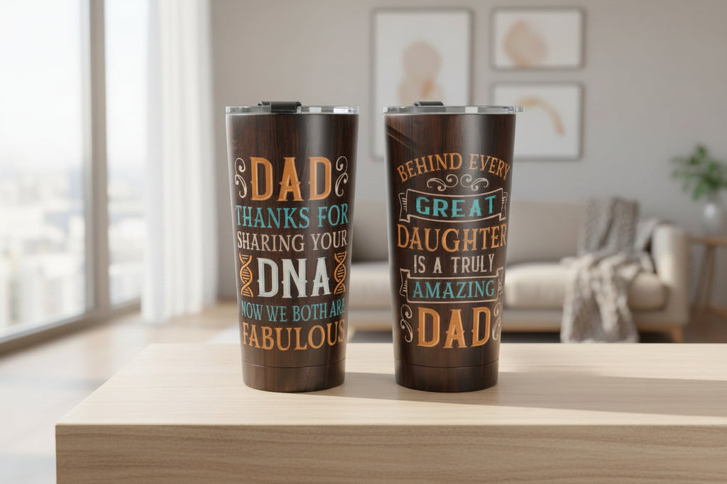 Two tumblers with humorous father-daughter text on a table in a living room.